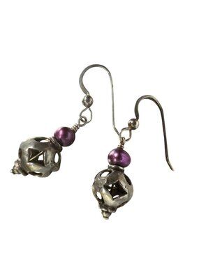Unmarked Silver Dangle Earrings With Purple Beads & Openwork Design 3.18g